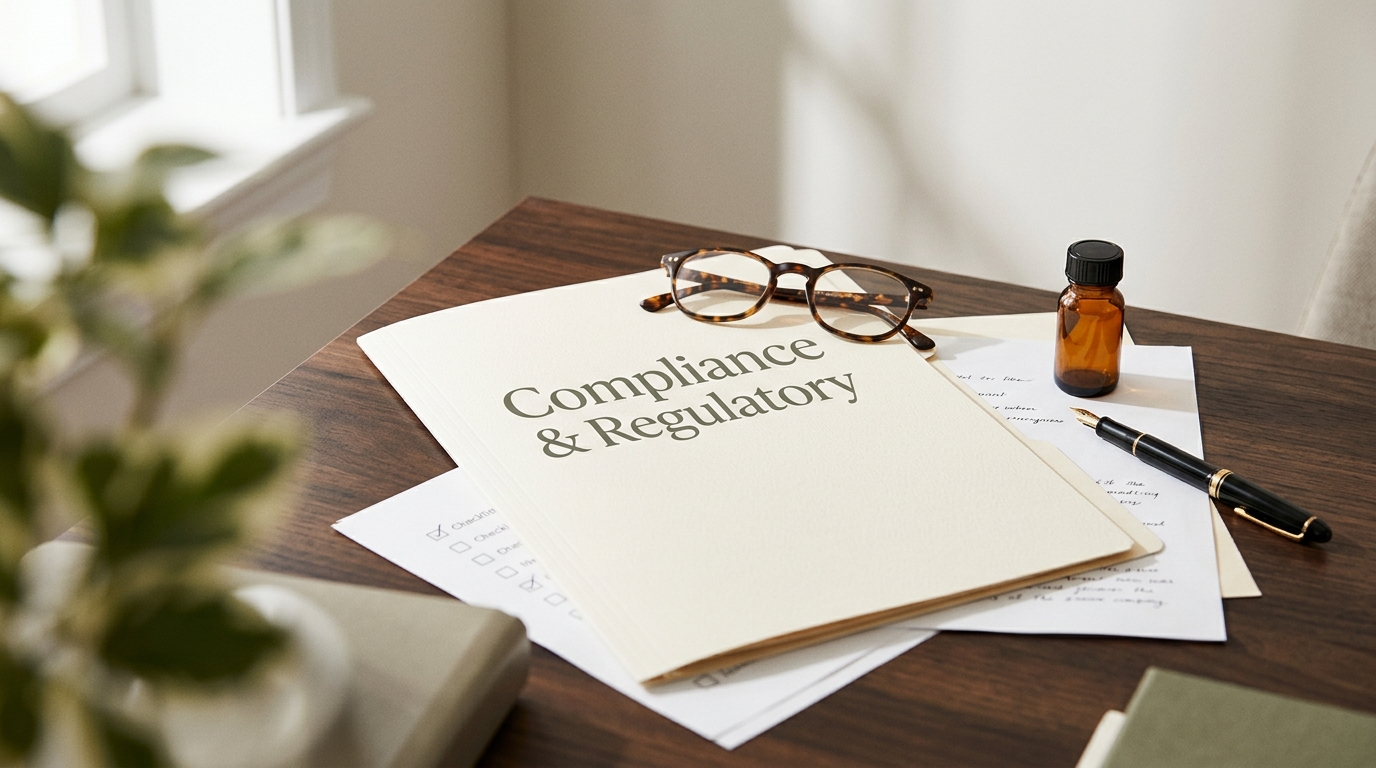 Cream folder labeled Compliance & Regulatory with reading glasses, a pen and a medicine vial on a desk