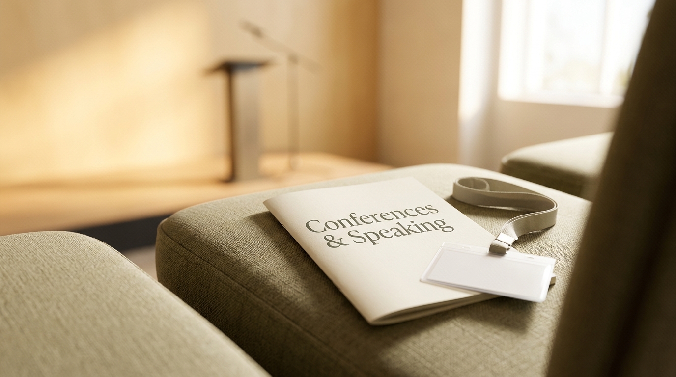Event program titled Conferences & Speaking and a name badge on a seat facing a stage podium