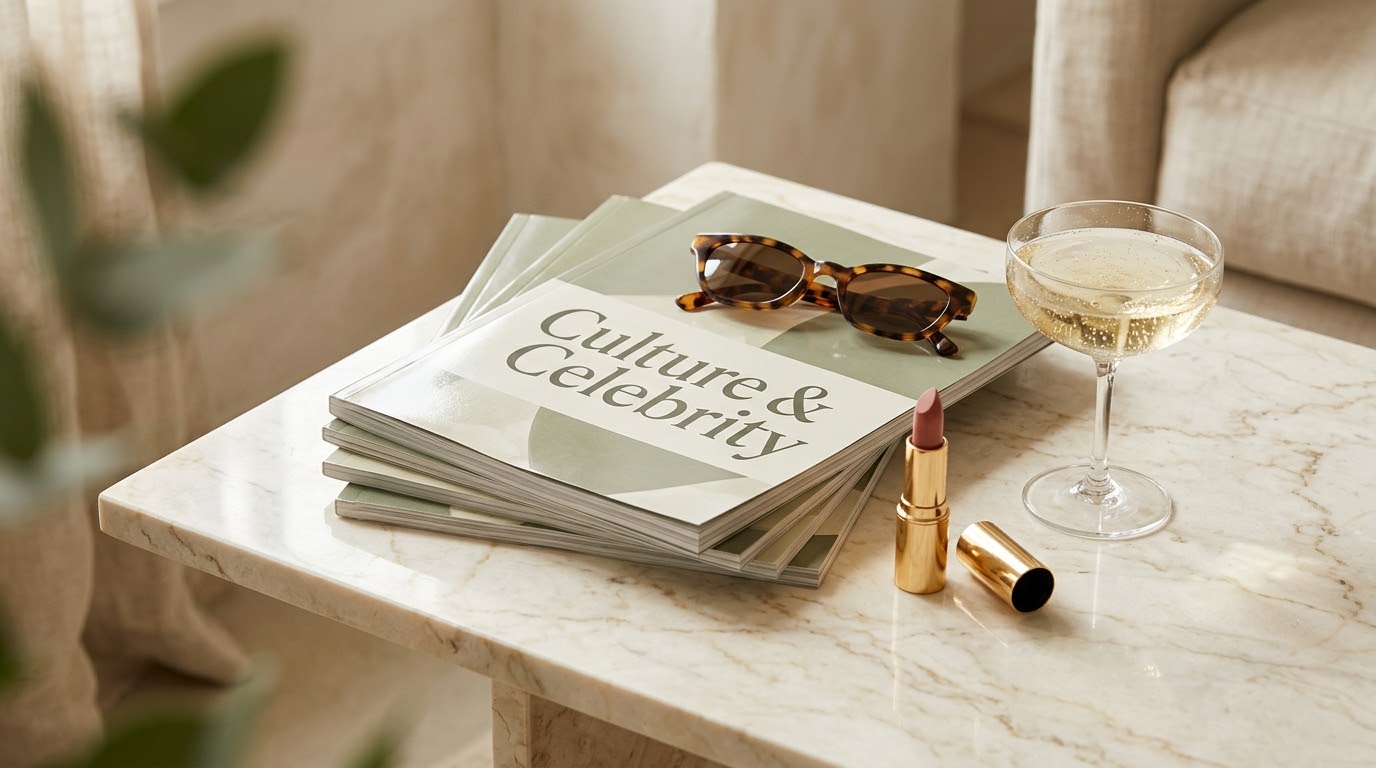 Magazines titled Culture & Celebrity with sunglasses, a gold lipstick and a glass of champagne on marble