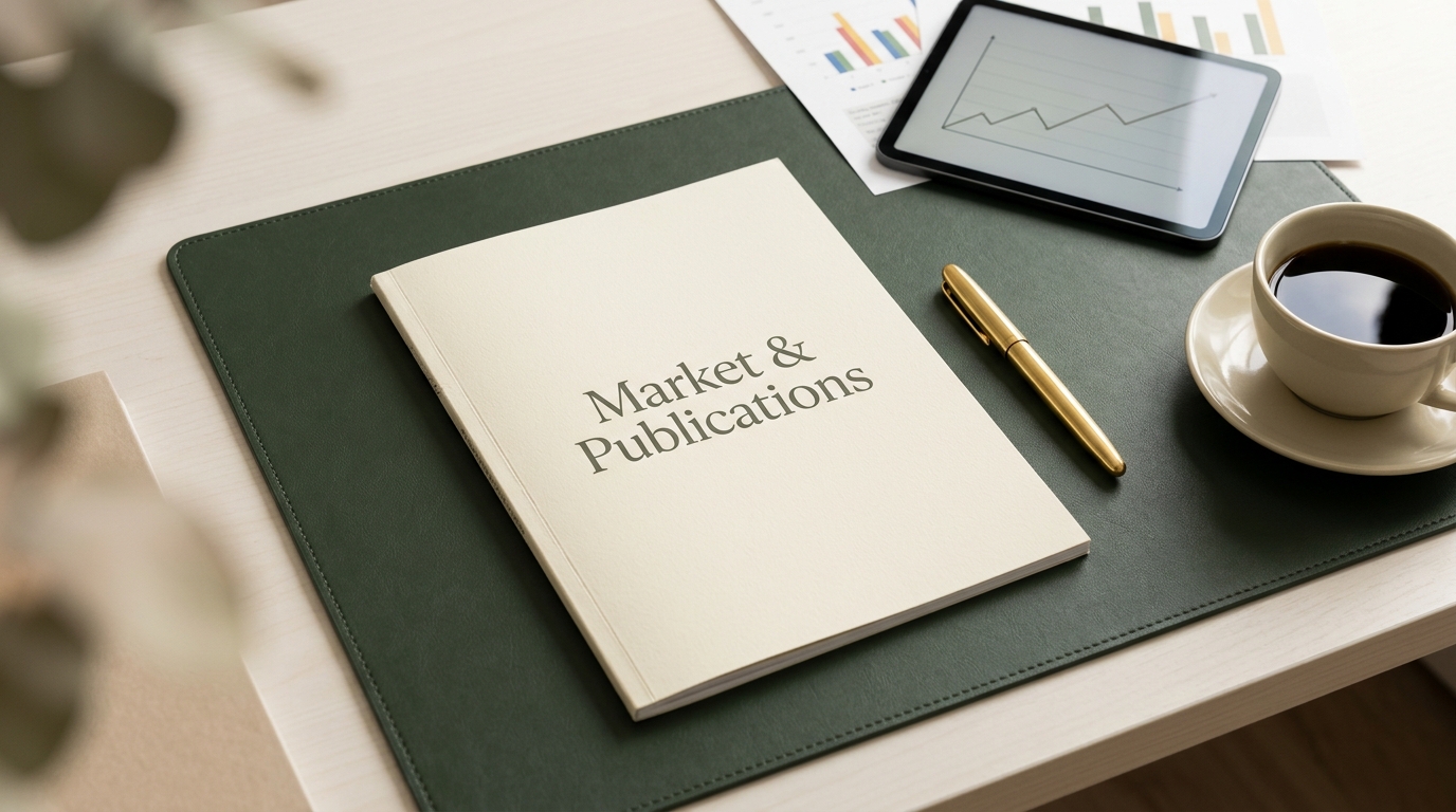 Report titled Market & Publications on a green desk pad with a tablet chart, a gold pen and coffee