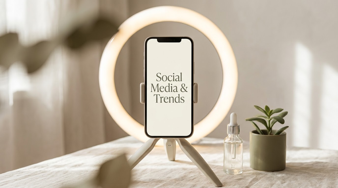 Smartphone on a tripod in front of a ring light showing the words Social Media & Trends